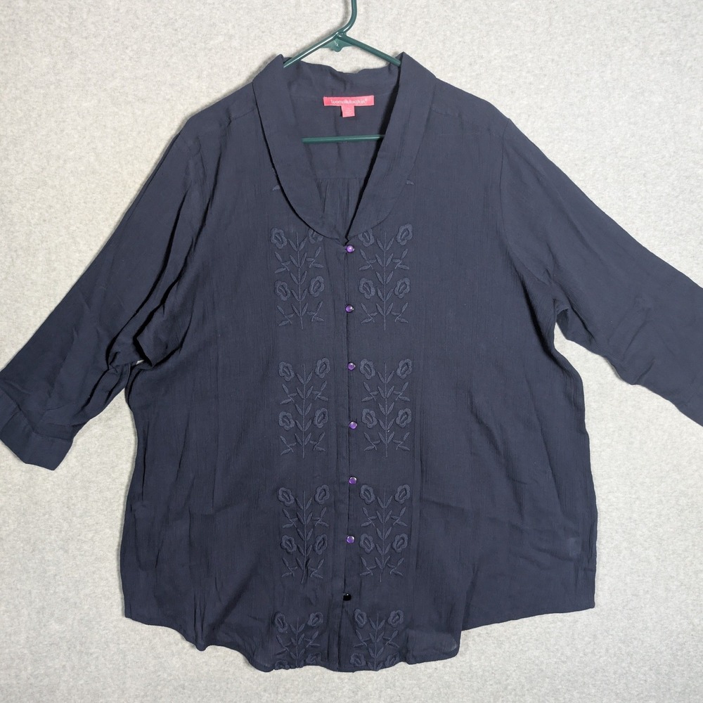 Woman Within Top Size 1X Navy Blue Embroidered Cotton 3/4 Sleeve Lightweight